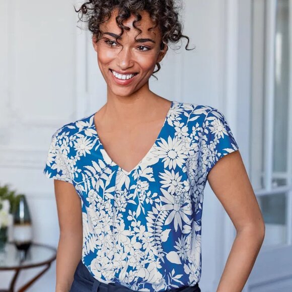 BODEN 6 Ravello V-Neck Silk Blend Pleated Short Sleeve Top Pink/Green - Picture 9 of 9